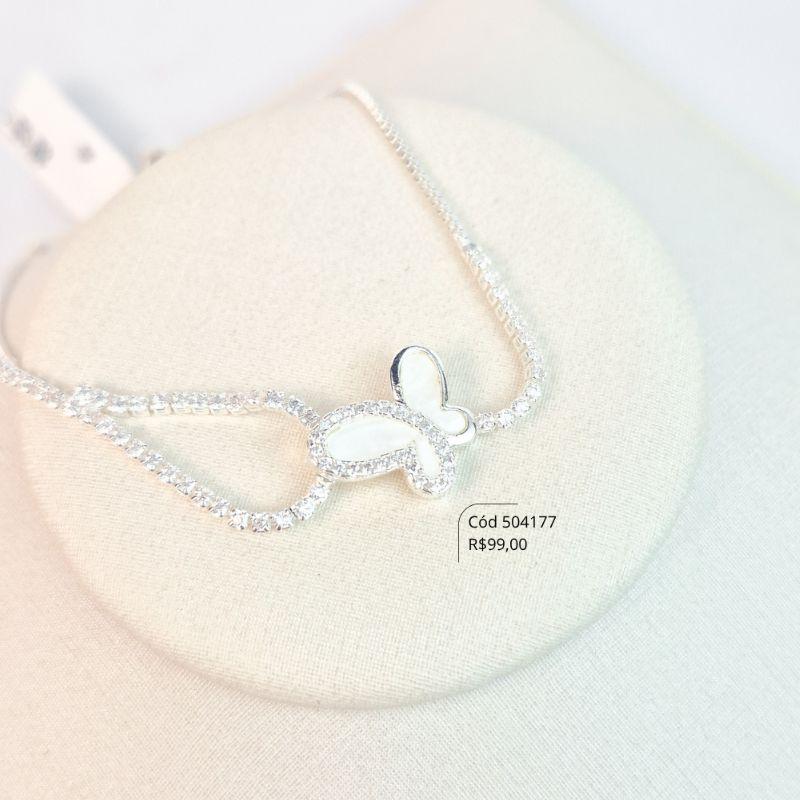 PULSEIRA AJUSTÁVEL VENEZIANA C/ MEIO RIVIERA 2MM E 1 BORBOLETA 14MM, ASAS DE MADREPÉROLA - EDIÇÃO LIMITADA - Banho de Prata