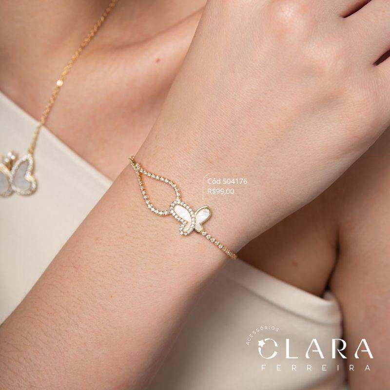 PULSEIRA AJUSTÁVEL VENEZIANA C/ MEIO RIVIERA 2MM E 1 BORBOLETA 14MM, ASAS DE MADREPÉROLA - EDIÇÃO LIMITADA - Dourado