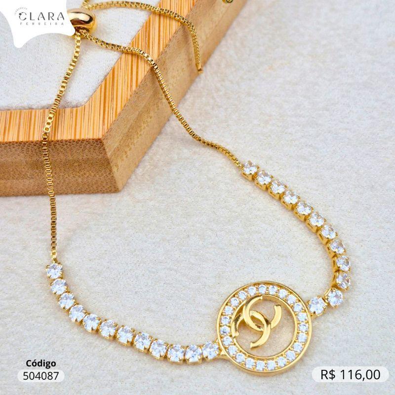 PULSEIRA AJUSTAVEL VENEZIANA C/ RIVIERA COM MANDALA 15MM INSPIRAÇÃO CHANEL - Dourado