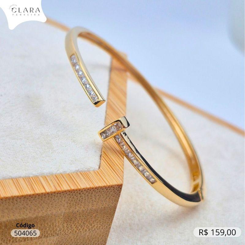 PULSEIRA BRACELETE PREGO FIO RIIGIDO C/ PONTAS ZIRCÔNIAS QUADRADAS  - Dourado