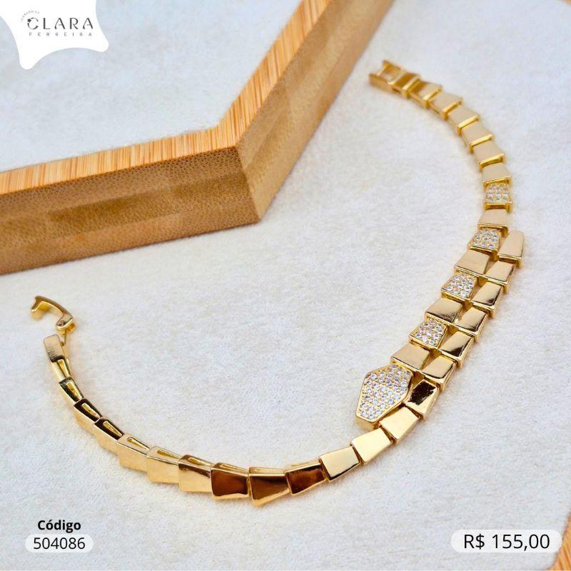 PULSEIRA COBRA C/ CABEÇA E DETALHES MICROZIRCÔNIAS COM FECHO ITALIANO INSPIRAÇÃO BVLGARI - 17CM - Dourado