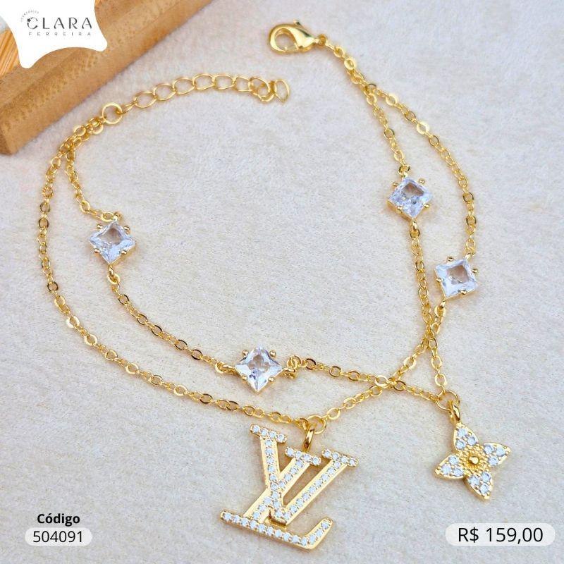 PULSEIRA DUPLA ELOS C/ 2 TREVOS LOUIS VUITTON PENDURADOS E 4 ZIRCÔNIAS FIXAS  - 17CM - Dourado