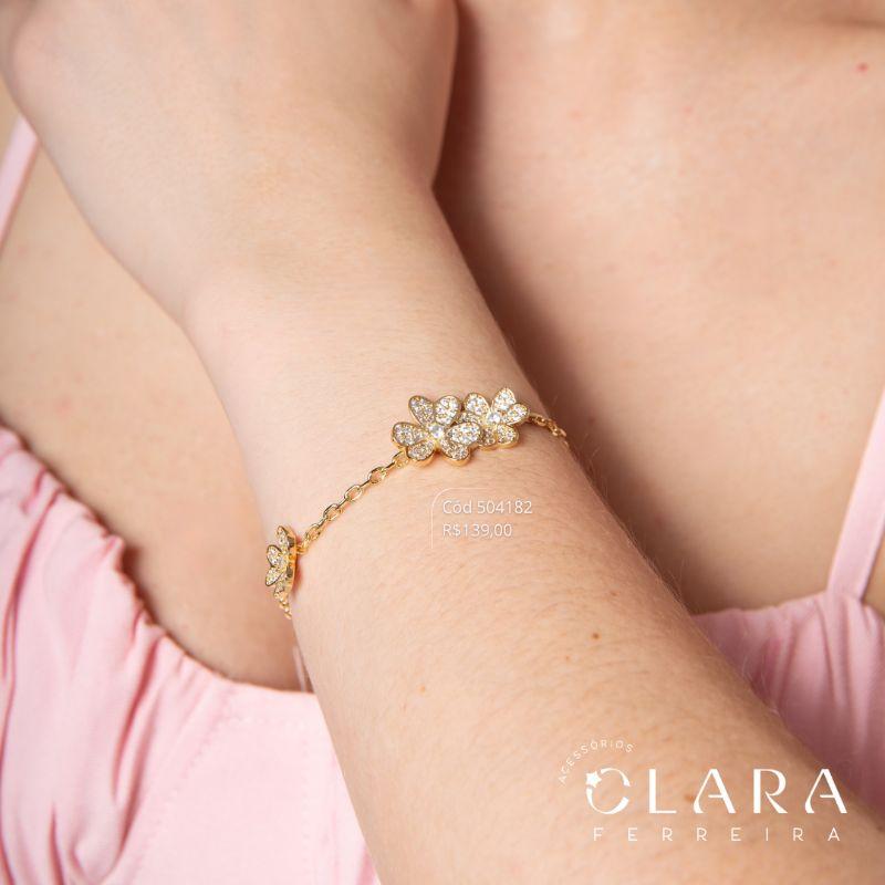 PULSEIRA ELOS C/ 5 FLORES DE MICROZIRCÔNIAS, COM MIOLO DE ZIRCÔNIA - 15MM - 17CM - Dourado