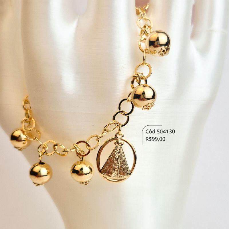 PULSEIRA ELOS REDONDOS C/ PINGENTE MEDALHA REDONDA NOSSA SENHORA LISA 16MM E 6 BOLAS LISAS 7MM PENDURADAS - 17CM - Dourado - PEÇA VENDIDA