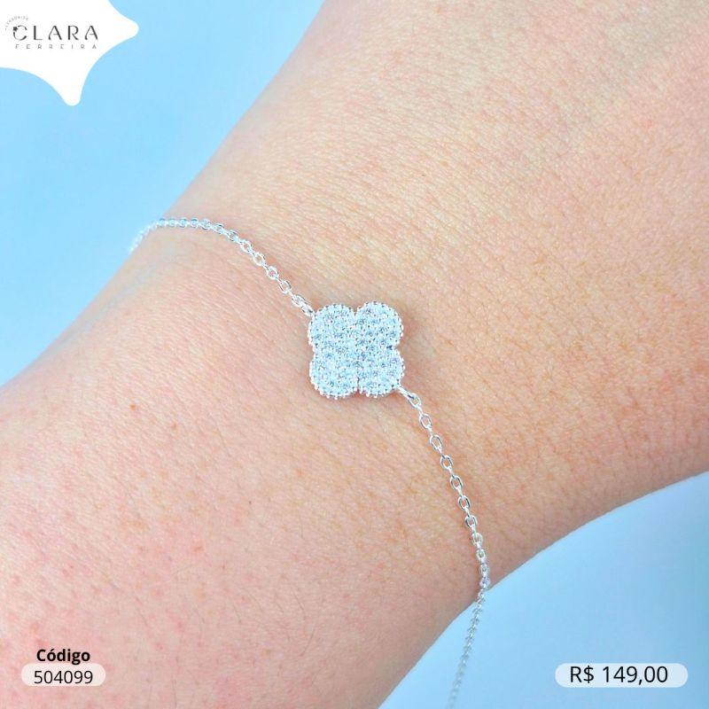 PULSEIRA PRATA 925 ELOS C/ PINGENTE TREVO VAN CLEEF ALHAMBRA MICROZIRCONIAS FIXO - 11MM - 17CM