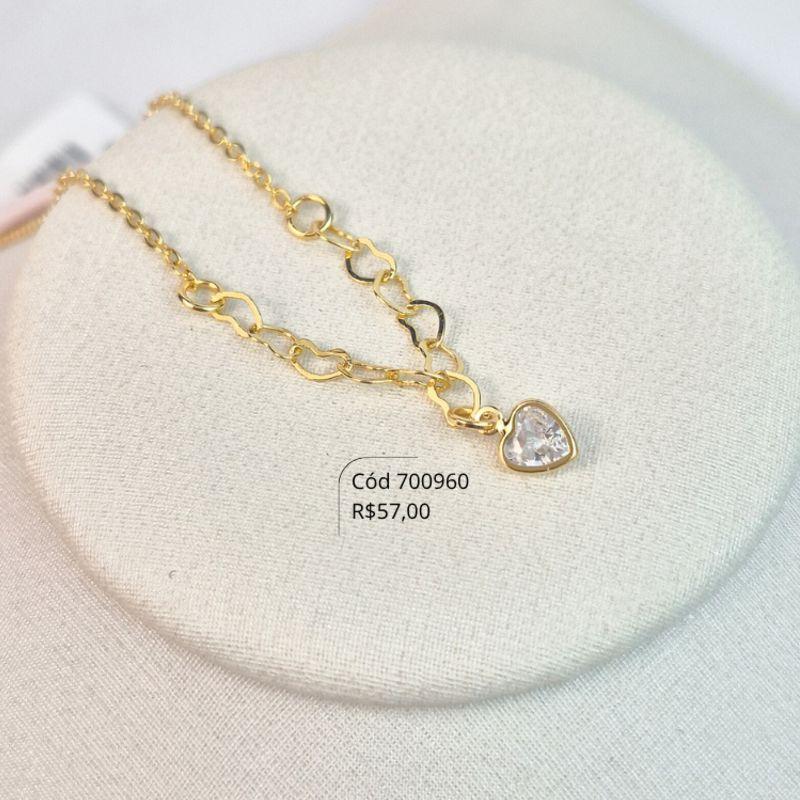 TORNOZELEIRA ELOS C/ MEIO ELOS CORAÇÕES ENTRELAÇADOS E 1 TIFFANY CORAÇÃO 5MM PENDURADA - 24CM - Dourado