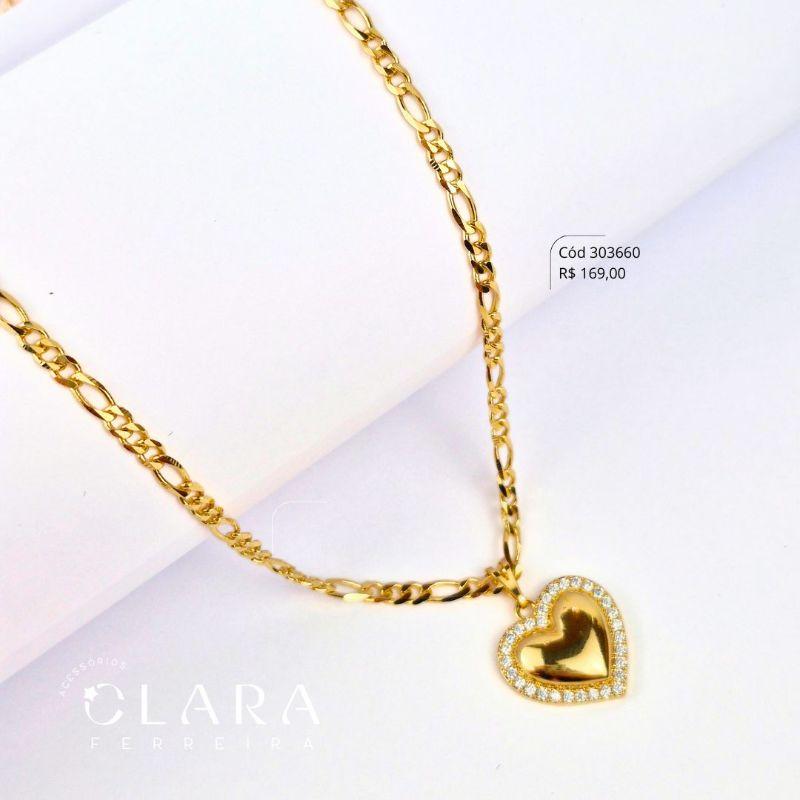 COLAR GRUMET 3,5 MM COM PINGENTE CORAÇÃO 16MM INTERIOR LISO ADORNADO DE MICROZIRCONIAS - 40 +Extensor 5cm - Dourado