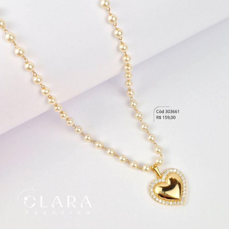 COLAR PEROLA 4MM COM PINGENTE CORAÇÃO 16MM INTERIOR LISO ADORNADO DE MICROZIRCONIAS - 45 - Dourado