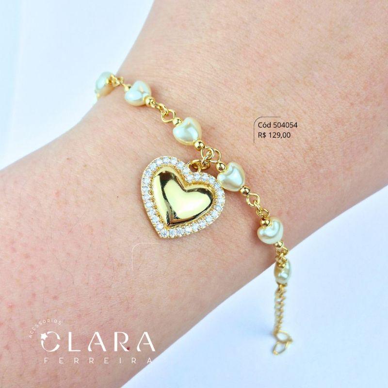 PULSEIRA PEROLA 4MM COM PINGENTE CORAÇÃO 16MM INTERIOR LISO ADORNADO DE MICROZIRCONIAS - 17CM - Dourado
