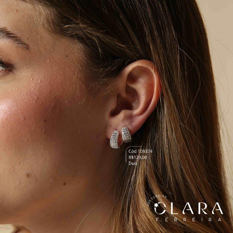 BRINCO KIT DUO ARGOLINHA CLICK GOTA 3 FILEIRAS MICROZIRCONIAS  - 12 E 10X6MM - Banho de Prata