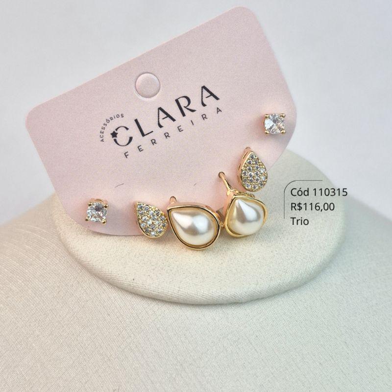 BRINCO KIT TRIO MISTOS: 1 ARGOLINHA CLICK C/ PEROLA GOTA 9MM FIXA, 1 CHUVEIRINHO GOTA MICROZIRCÔNIAS E 1 SOLITARIO REDONDO 3MM CAIXA INGLESA 4 GARRAS - 12X2MM - Dourado