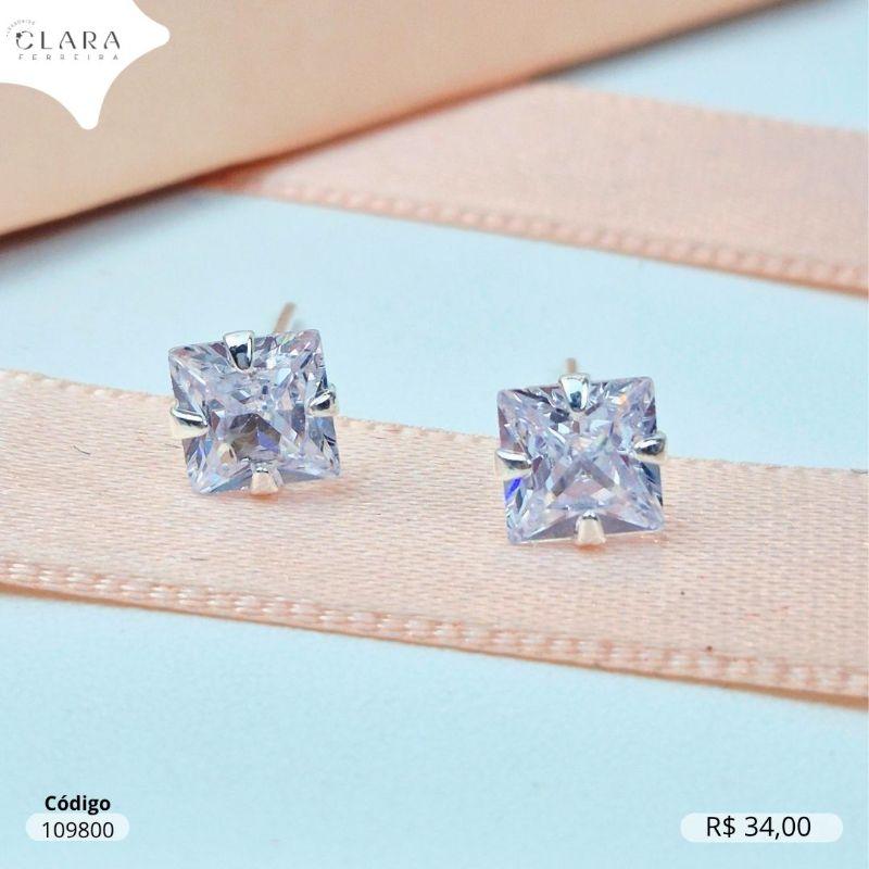 BRINCO SOLITARIO ZIRCONIA QUADRADA 6MM BASE 4 GARRAS CAIXA BAIXA - Banho de Prata