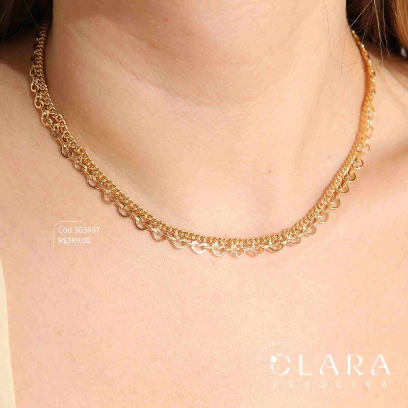 COLAR CHOKER DUPLA 2, FIOS 1 FIO ELOS GRUMET 1X1 E 1 FIO ELOS CORAÇÕES ENTRE BARRINHAS - 40+5CM - Dourado