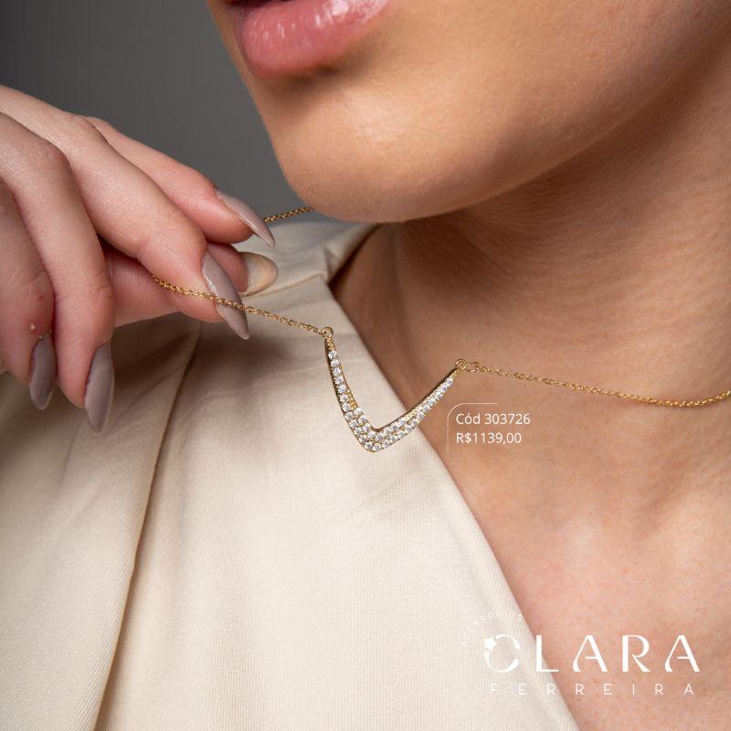 COLAR ELOS C/ PINGENTE SETA 2 FILEIRAS MICROZIRCÔNIAS FIXO - 45CM - Dourado