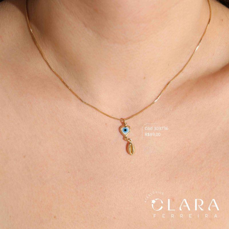 COLAR GRAVATINHA VENEZIANA C/ PINGENTE CORAÇÃO OLHO GREGO PINGENTE BÚZIOS PENDURADO - 45CM - Dourado