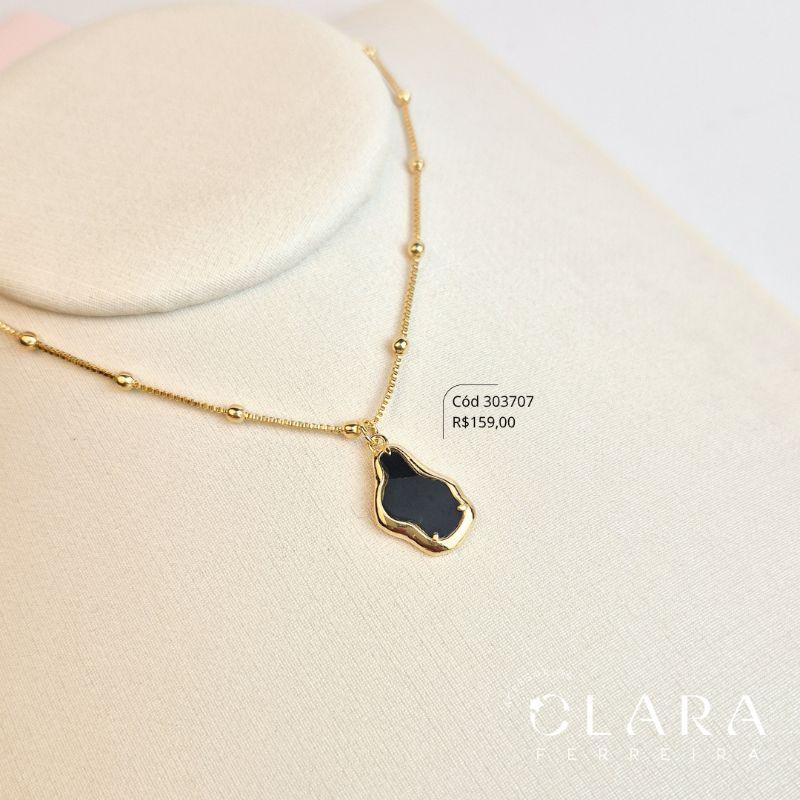 COLAR VENEZIANA C/ BOLINHAS COM PINGENTE CRISTAL PRETO CAIXA FUNDIDA PENDUTADO - 15MM - 45CM - Dourado