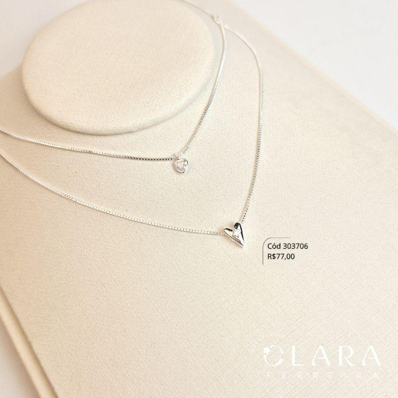 COLAR VENEZIANA C/ MEIO DUPLO COM 1 TIFFANY CORAÇÃO 5MM E 1 CORAÇÃO 8MM - 45CM - Banho de Prata - LIMITADA