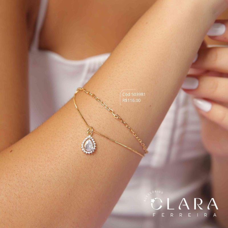 PULSEIRA DUPLA 1 FIO ELOS E 1 FIO VENEZIANA C/ PINGENTE ZIRCONIA GOTA 5MM ADORNADA MICROZIRCONIAS PENDURADO  - 17MM - Dourado