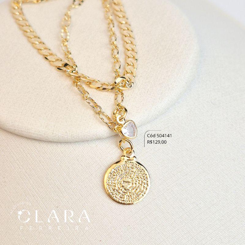 PULSEIRA DUPLA 1 FIO GRUMET 1X1 E 1 FIO ELOS C/  MEDALGA REDONDA PAI NOSSO 10MM E 1 TIFFANY CORAÇÃO 5MM PENDURADOS - 17CM - Dourado