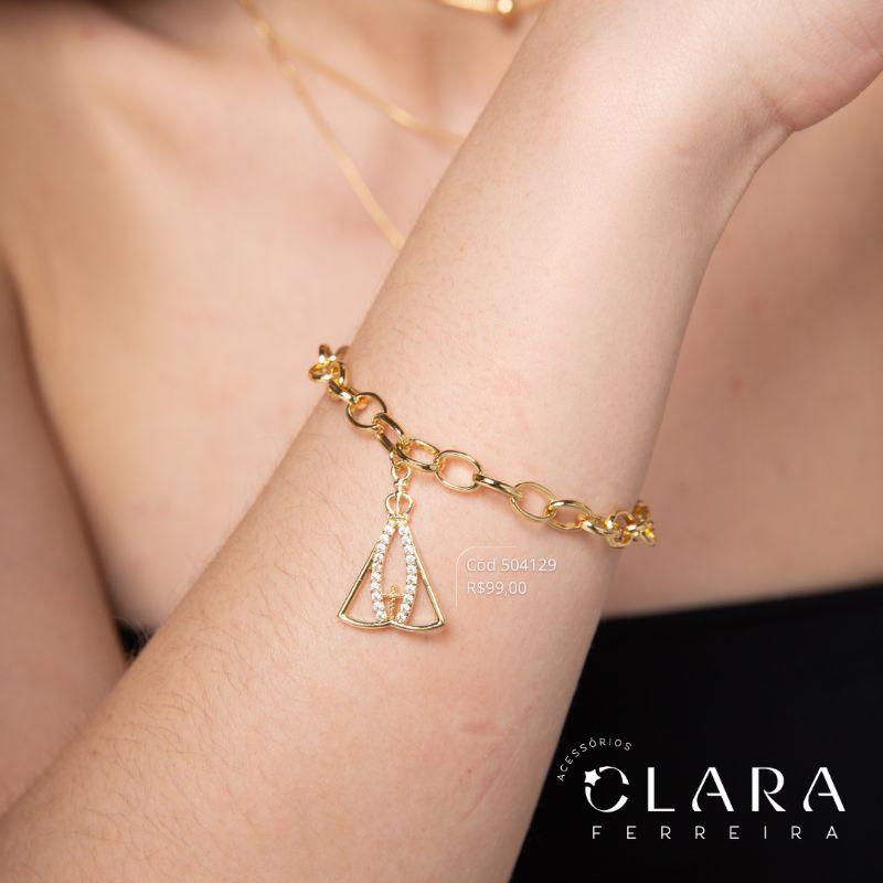 PULSEIRA ELOS CADEADO C/ PINGENTE NOSSA SENHORA VAZADA C/ DETALHE NO MEIO MICROZIRCÔNIAS - 22MM - 17CM - Dourado - PEÇA VENDIDA