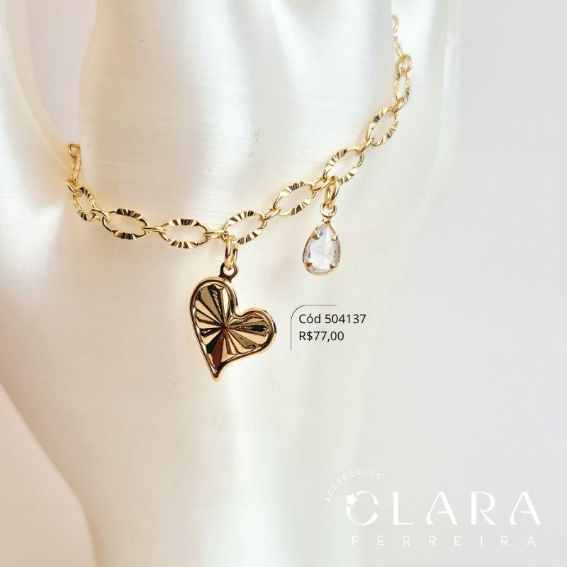 PULSEIRA ELOS RAIADOS C/ PINGENTE CORAÇÃO LISO 13MM E 1 TIFFANY GOTA 5MM PENDURADOS - 17CM - Dourado