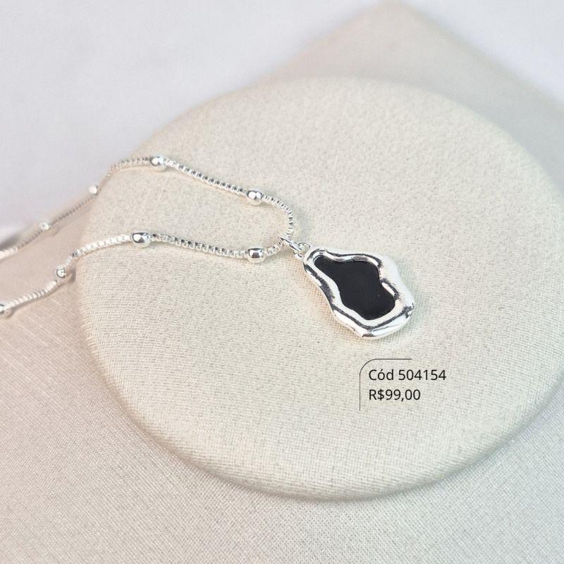 PULSEIRA VENEZIANA C/ BOLINHAS COM PINGENTE CRISTAL PRETO CAIXA FUNDIDA PENDUTADO - 15MM - 17CM - Banho de Prata - LIMITADA