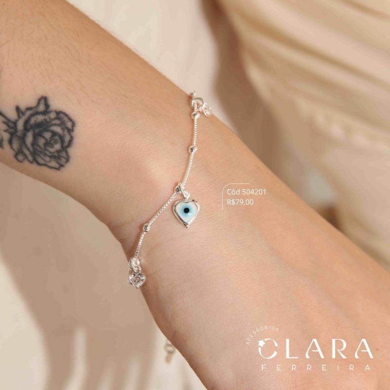 PULSEIRA VENEZIANA C/ BOLINHAS E 2 TIFFANYS CORAÇÕES CRISTAIS 5MM E 1 TIFFANY OLHO GREGO 8MM PENDURADAS - 17CM - Banho de Prata