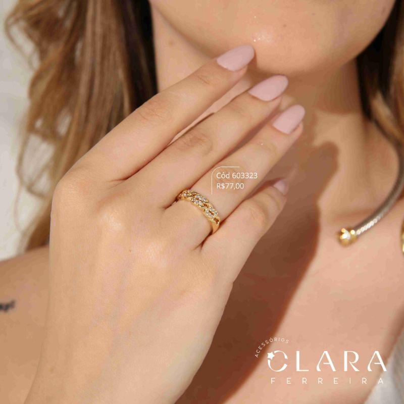 ANEL 2 FIOS BARRINHAS TORCIDAS MICROZIRCÔNIAS E LISAS INTERCALADAS - Dourado