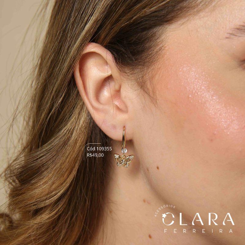 BRINCO ARGOLA C/ BORBOLETA  ASAS VAZADAS C/ MICROZIRCONIAS NAS PONTAS PENDURADAA - 9MM - Dourado