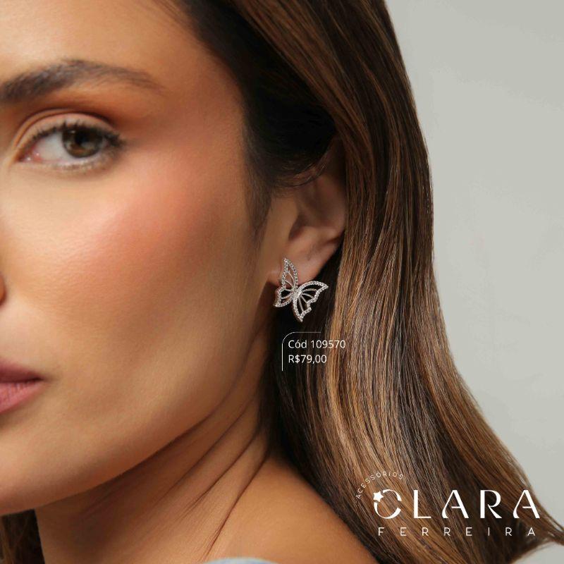 BRINCO BORBOLETA C/ ASAS VAZADAS ADORNADAS MICROZIRCONIAS - 15MM - PEÇA VENDIDA - Banho de Prata