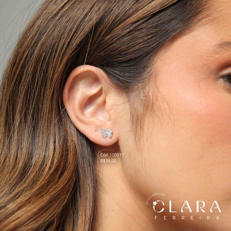 BRINCO BORBOLETA MICROZIRCÔNIAS - 6MM - Banho de Prata
