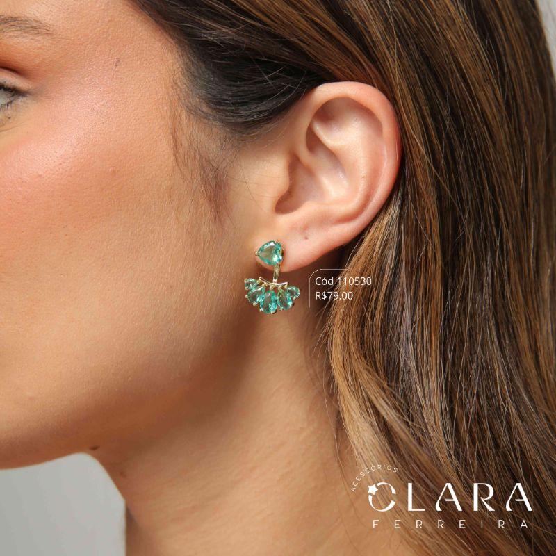 BRINCO EAR JACKET 5MM ZIRCÔNIA CORAÇÃO C/ 5 ZIRCÔNIAS GOTAS - Dourado