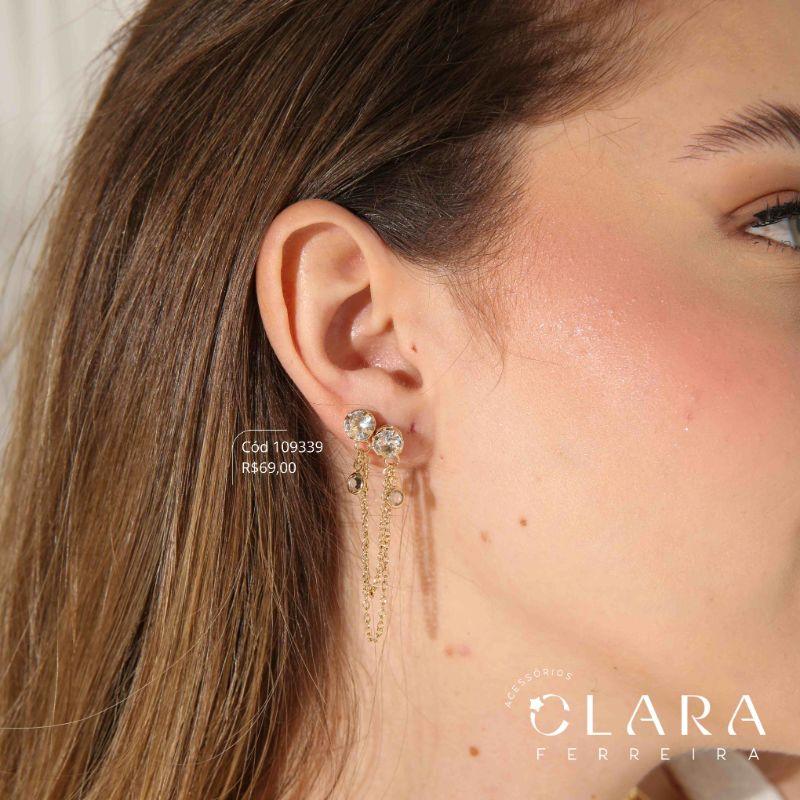 BRINCO EAR LINE ZIRCONIA REDONDA 6MM C/ 2 FIOS ELOS  - Dourado