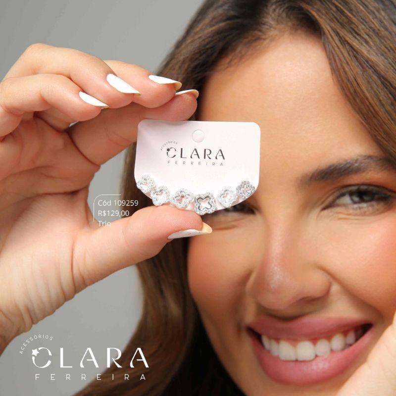 BRINCO KIT TRIO TREVO CLEEF ALHAMBRA VAZADO ADORNADO MICROZIRCONIAS  - 7, 9 E 10MM - Banho de Prata