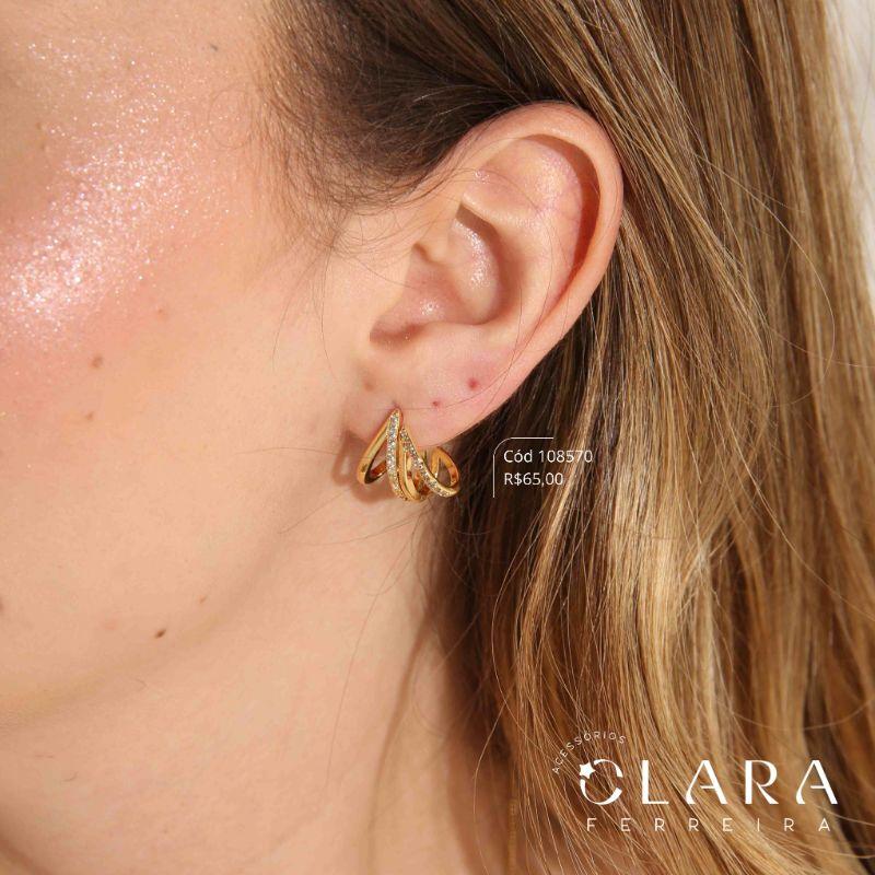 BRINCO SILHUETA 4 FIOS VAZADOS, 2 FIOS MICROZIRCONIAS E 2 FIOS LISOS - 16MM - Dourado