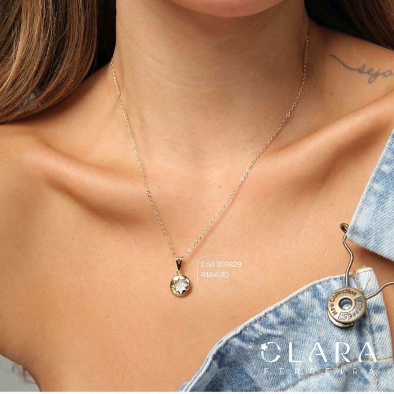 COLAR ELOS C/ MEDALHA ESTRELA DE 8 PONTAS MICROZIRCÔNIAS - 14MM - 45CM - Dourado