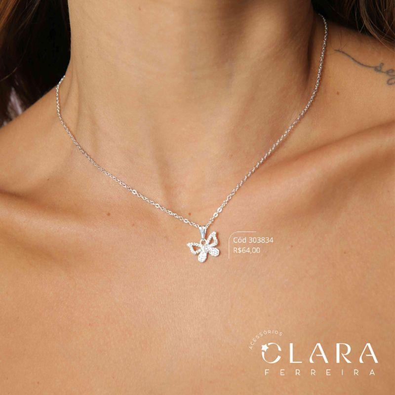 COLAR ELOS C/ PINGENTE BORBOLETA MICROZIRCÔNIAS VAZADA - 10MM - 45CM - Banho de Prata
