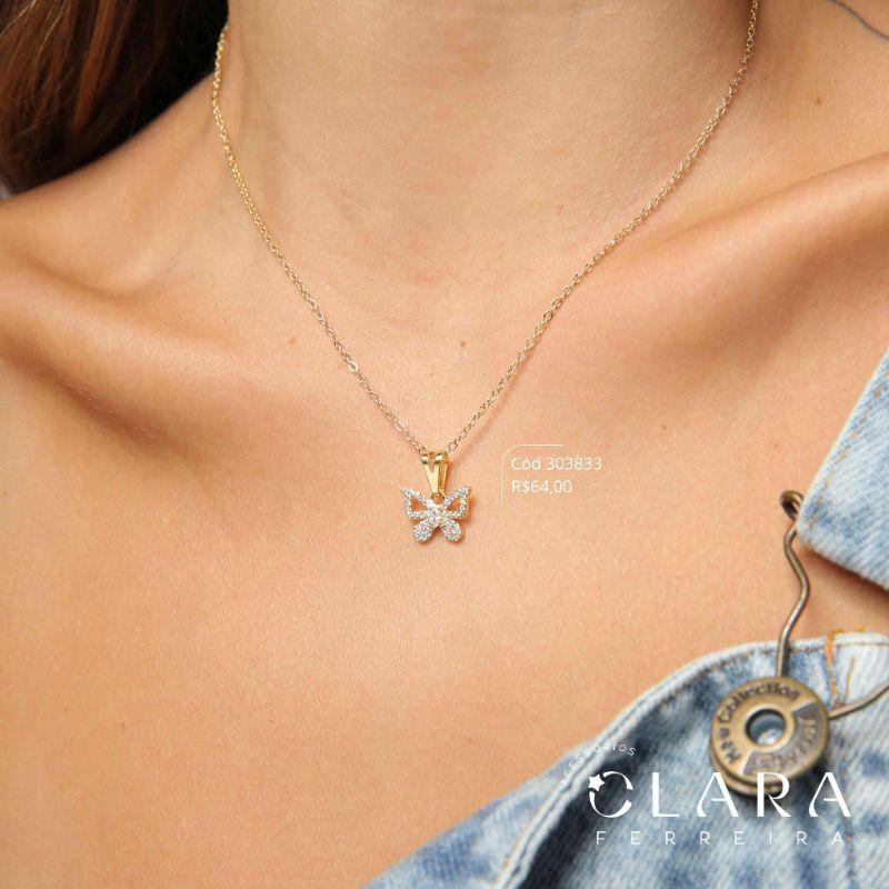 COLAR ELOS C/ PINGENTE BORBOLETA MICROZIRCÔNIAS VAZADA - 10MM - 45CM - Dourado