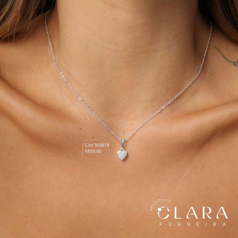 COLAR ELOS C/ PINGENTE CORAÇÃO MICROZIRCÔNIAS - 9MM - 45CM - Banho de Prata