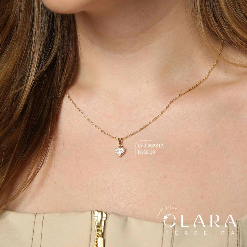 COLAR ELOS C/ PINGENTE CORAÇÃO MICROZIRCÔNIAS - 9MM - 45CM - Dourado