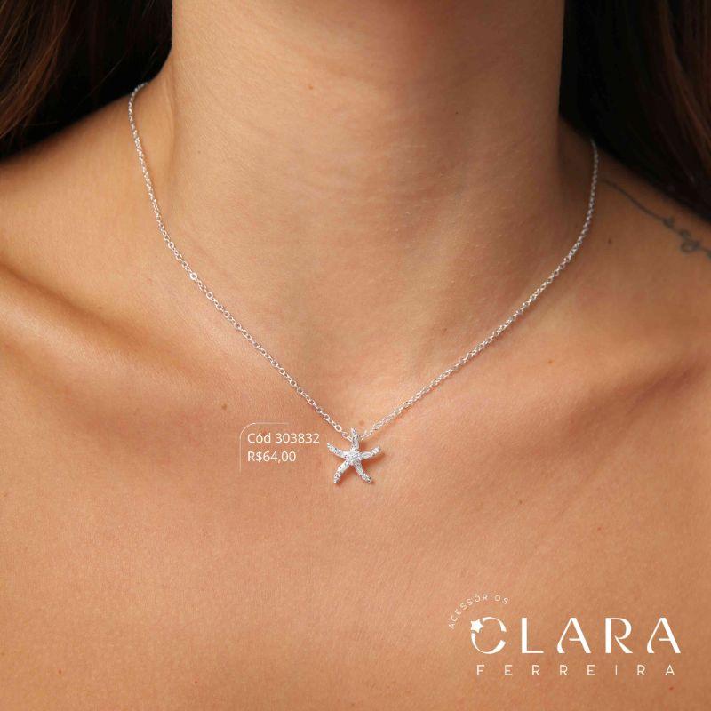 COLAR ELOS C/ PINGENTE ESTRELA DO MAR MICROZIRCÔNIAS - 15MM - 45CM - Banho de Prata