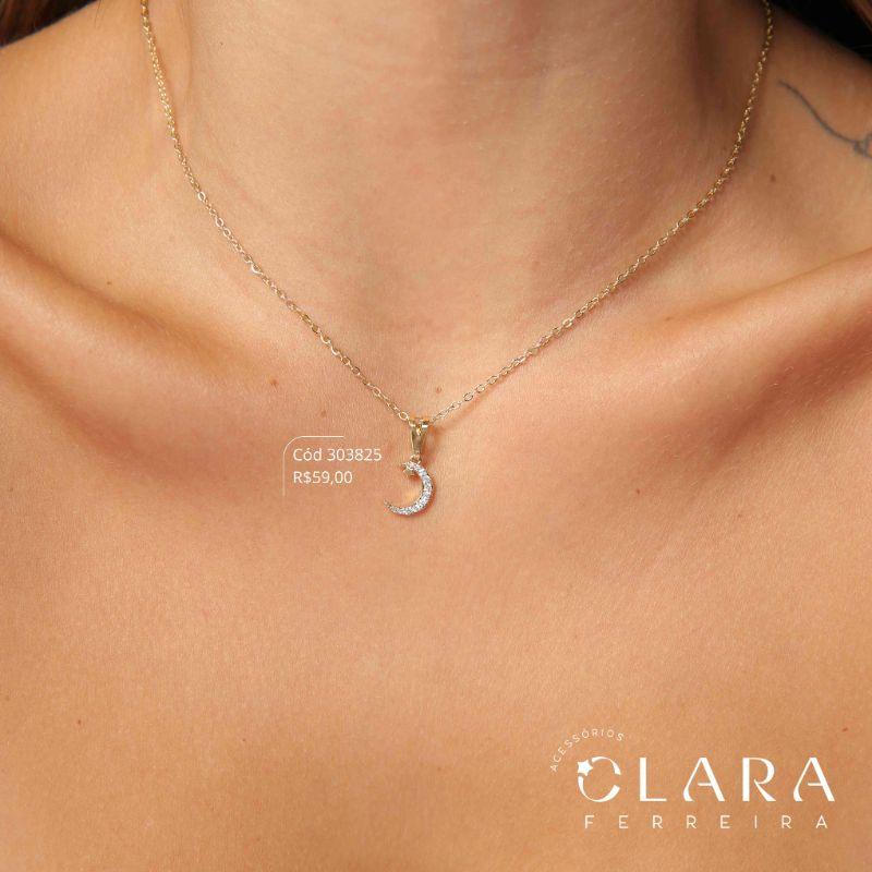 COLAR ELOS C/ PINGENTE LUA MICROZIRCÔNIAS E ESTRELA LISA - 12MM - 45CM - Dourado