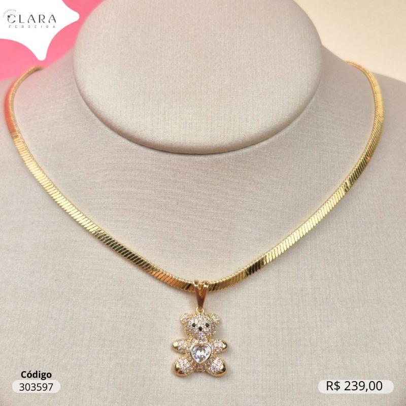 COLAR FITA C/ PINGENTE URSINHO MICROZIRCONIAS E ZIRCONIA CORAÇÃO 5MM NO MEIO - 7MM - 45CM - Dourado