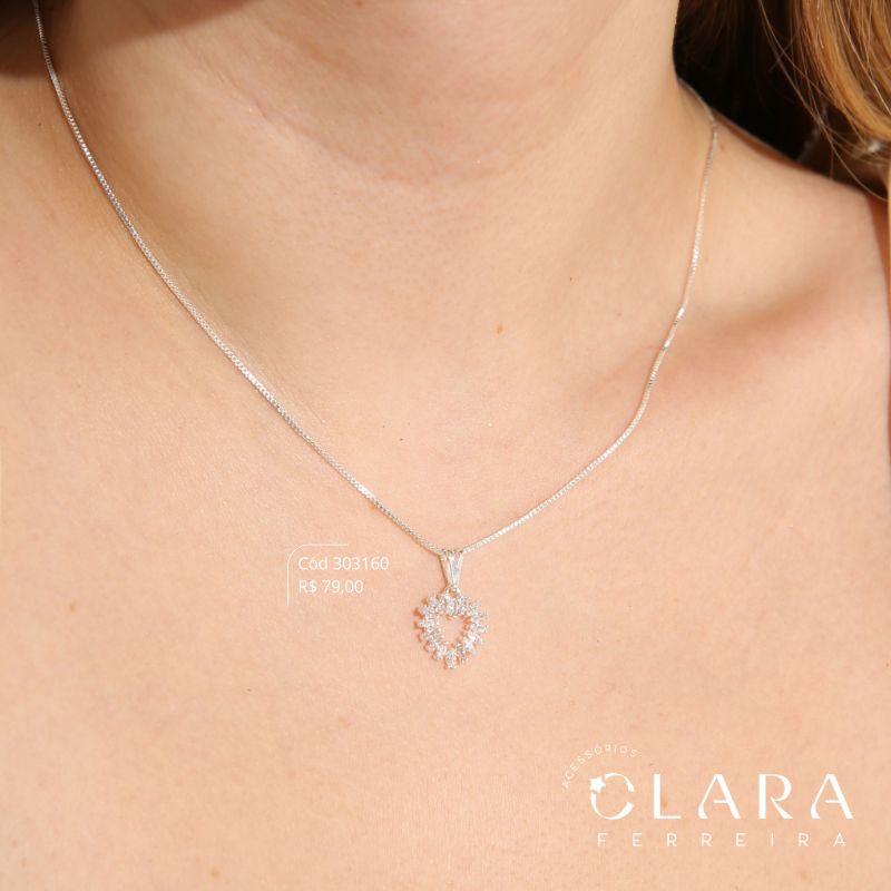 COLAR VENEZIANA C/ PINGENTE CORAÇÃO ZIRCONIAS GOTA 14MM VAZADO  - 40CM - Banho de Prata