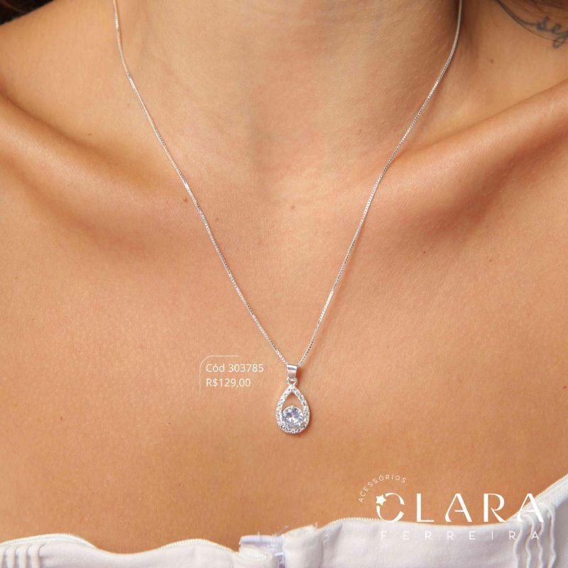 COLAR VENEZIANA C/ PINGENTE GOTA VAZADA C/ ZIRCÔNIA REDONDA 6MM ADORNADA MICROZIRCÔNIAS - 18MM - 45CM - Banho de Prata