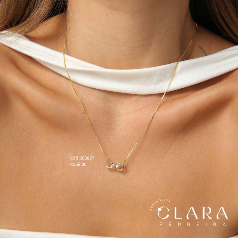 COLAR VENEZIANA C/ PINGENTE INFINITO 1 LADO MICROZIRCÔNIAS E 1 LADO LISO C/ 1 ZIRCÔNIA CORAÇÃO 3MM - 17MM - 45CM - Dourado