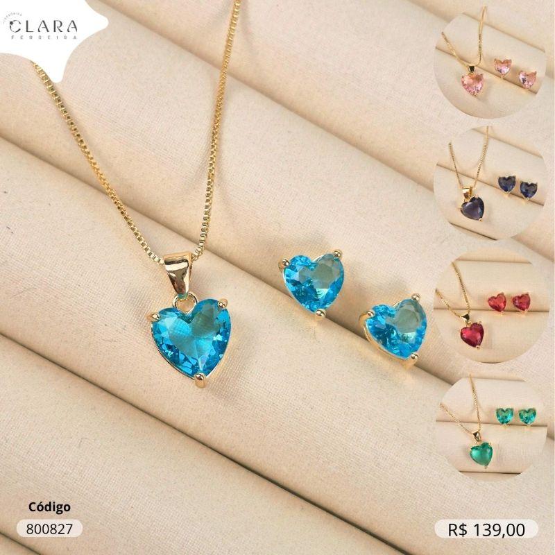 CONJUNTO COLAR VENEZIANA C/ PINGENTE E BRINCO ZIRCONIA CORAÇÃO COLORIDO - CAIXA COROA 3 GARRAS  - 7 E 9MM - Dourado