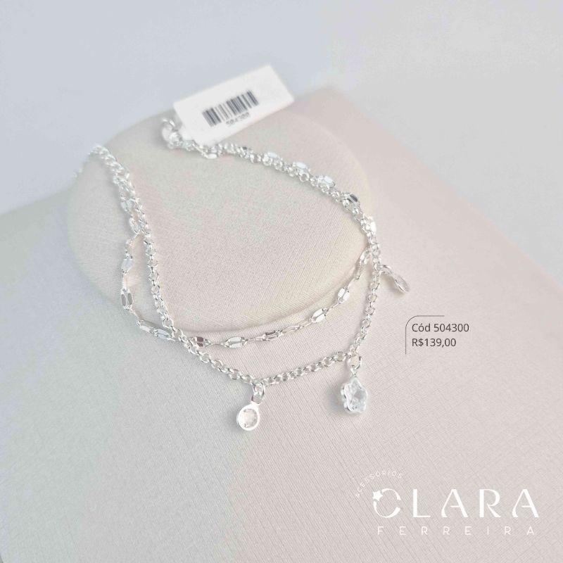 PULSEIRA DUPLA: 1 FIO ELOS MARTELADOS E 1 FIO ELOS PORTUGUÊS C/ 1 TIFFANY FLOR E 2 TIFFANYS REDONDAS PENDURADAS - 17CM - Banho de Prata