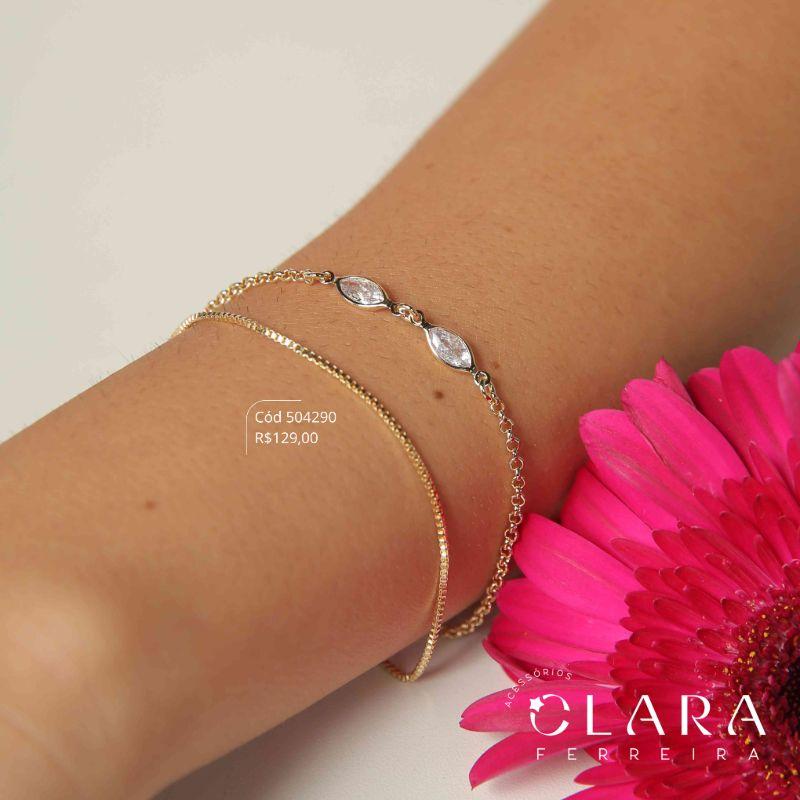 PULSEIRA DUPLA: 1 FIO VENEZIANA E 1 FIO ELOS PORTUGUÊS C/ 2 TIFFANYS NAVETE FIXAS - 17CM - Dourado