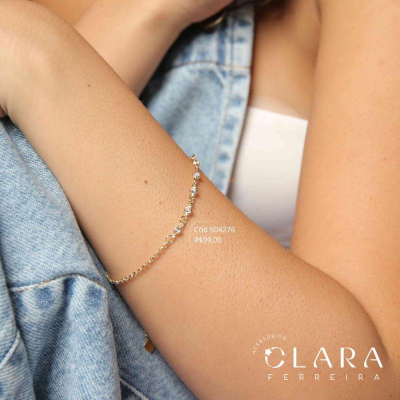 PULSEIRA ELOS PORTUGUES C/ 5 TIFFANYS REDONDAS FIXAS - 3MM - 21CM - Dourado